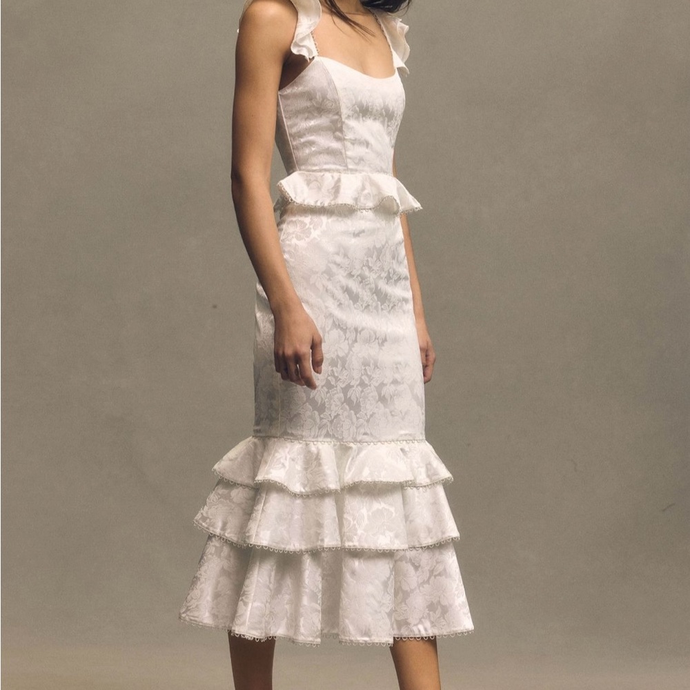 V. Chapman Violet Corset Ruffled Tiered Hem Midi Dress